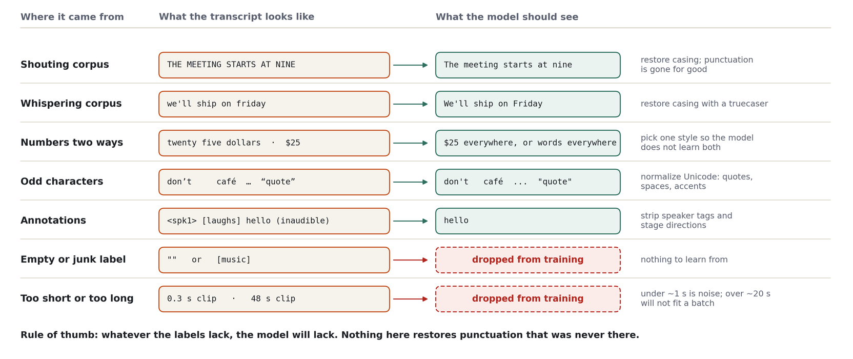 Raw transcript problems and how each is cleaned or dropped